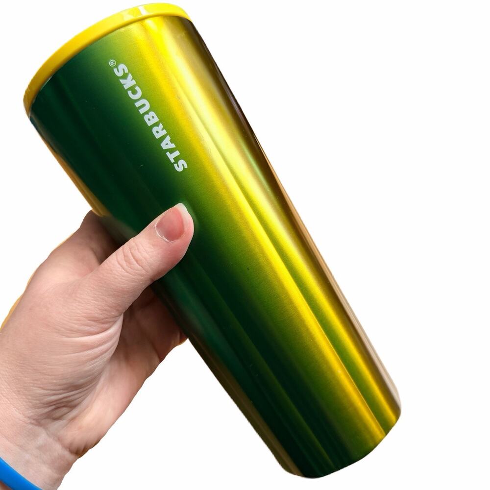 Starbucks 2022 Collection Green Yellow Metal Tumbler 24oz Venti No Straw